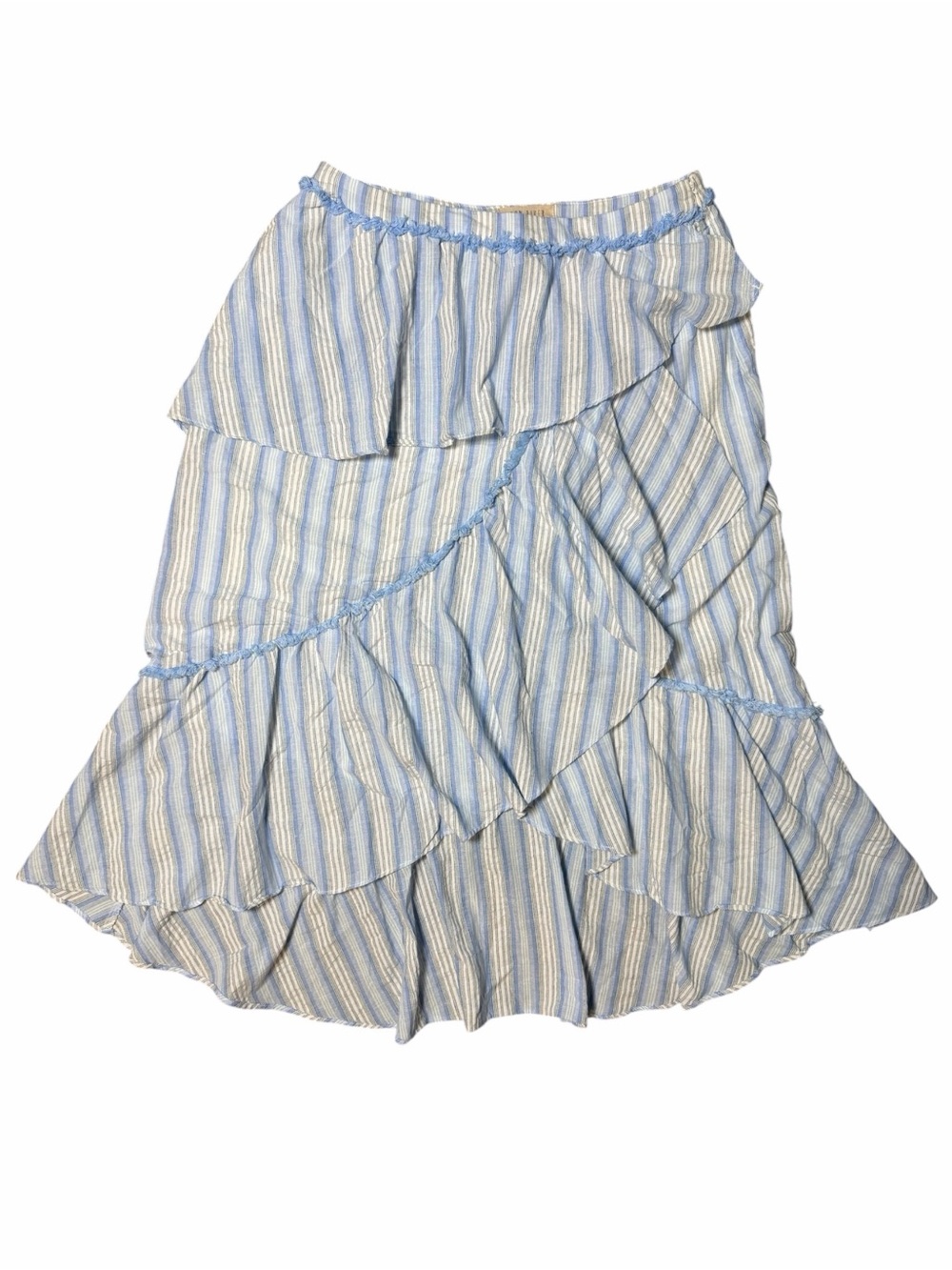 Moon River Blue Striped Ruffle Midi Skirt Size L Coastal Boho Cottagecore - Picture 2 of 7